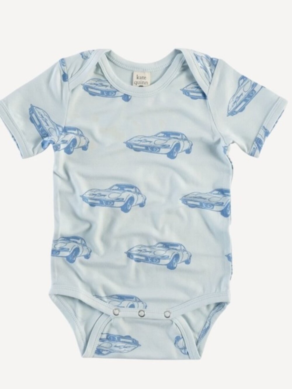 Kate Quinn | "Blue Cars" Bamboo short sleeve Kimono bodysuit | Size 6-12 Month